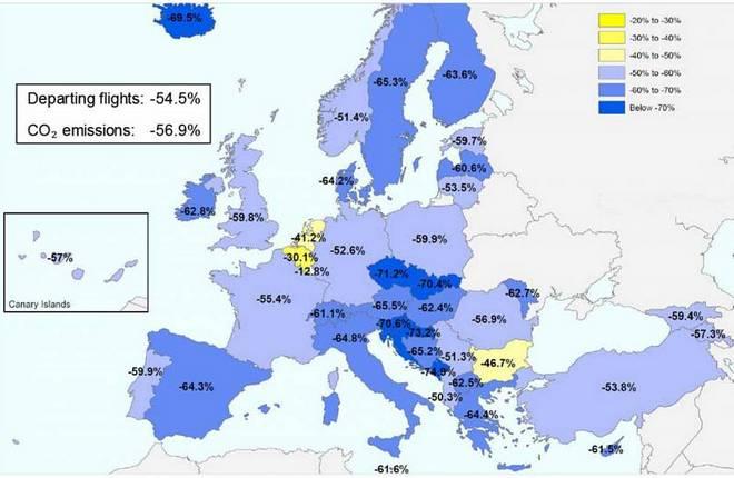 Авиационные выбросы диоксида углерода в Европе сократились на 57% в 2020 году