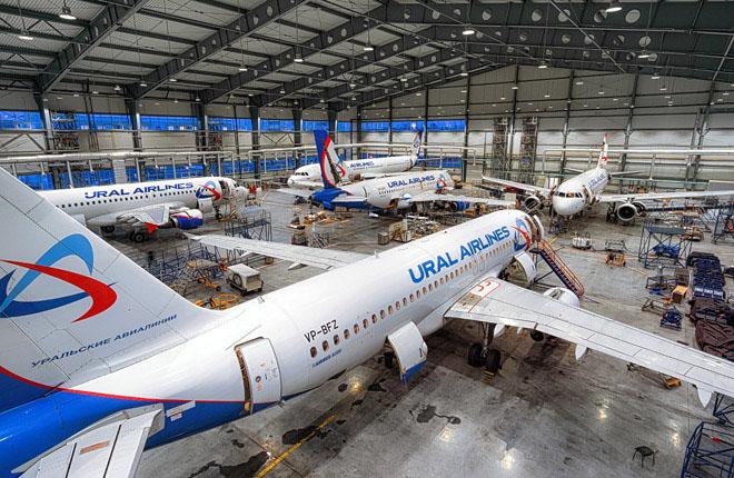 Главный инфраструктурный актив Ural Airlines Technics — современный ангарный комплекс общей площадью 8,2 тыс. кв. м. В нем размещается пять линий технического обслуживания самолетов семейства Airbus A320 :: "Уральские авиалинии" Ural Airlines Technics